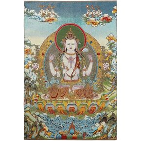 ZenBless Silk Embroidery Tibetan Thangka with Four Arms Kwan Yin Avalokitesvara Lotus Seat Wall Hanging for Home Décor Tapestry Meditation