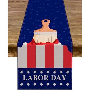 Linen Labor Day Table Runner Star Stripes Brush Paint American Patriotic Holiday Dinning Room Home Decoration