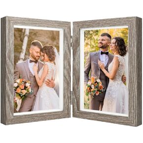 SAREAL Double Photo Frames, 4x6 Hinged Folding Wood Picture Frame with Glass, hold 2 Picture Free Standing on Desktop