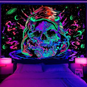 Uspring Blacklight Skull Tapestry Large Trippy Tapestries Colorful Starry Tapestry Space Wall Tapestry for Bedroom Livingroom Home Decor (51.2 x 59.1 inches)