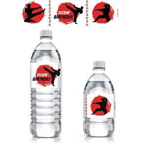 Karate Birthday Party Water Bottle Labels - Jump, Kick, Block - 24 Stickers