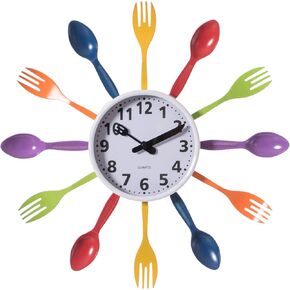 Decorative 3D Cutlery Utensil Spoon and Fork Wall Clock for Kitchen, Playroom or Bedroom, Multicolor