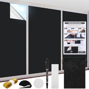 2 Pcs Portable Blackout Curtains 118" x 57" Blackout Blinds No Drill Black Curtains for Bedroom Blackout Shade Window Shades Blackout with Rules, Loop Tapes, Suction for Dorm Room Windows