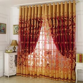 Amidoudou 1 Pair European Double Layer Curtains for Living Room Flower and Leaf Curtains for Bedroom (Coffee,54x84 Inch)