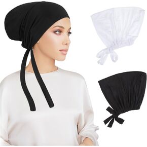 PHOGARY 2 Pcs Women Hijab Undercap, Islamic Muslim Under Hijab Cap Inner Under Scarf Hat Hijab Cap with Tie Back Closure Solid Color Underscarf Hijab Cap Turban Head Wraps for Women Chemo Sleep Cap, C