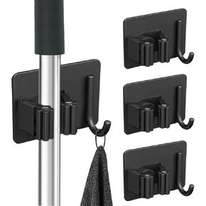 4Pcs Mop Broom Holder No Drill SUS304 Stainless Steel, Heavy Duty Tool Organizer Rack Rake and Shovel Handle, Storage Rack Self Adhesive for Bathroom, Laundry, Kitchen, Garage, Garden