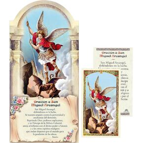 Trendzeen San Miguel Arcangel Cuadro - Spanish Archangel Michael Plaque, Laminated St Michael The Archangel Prayer Card - Oracion San Miguel Arcangel For Home Decor - 2 Items