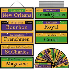 16PCS Mardi Gras Street Signs Decoration-New Orleans Hanging Street Sign-Double Printed Mardi Gras Cutout Signs for Carnival Party Wall Decoration
