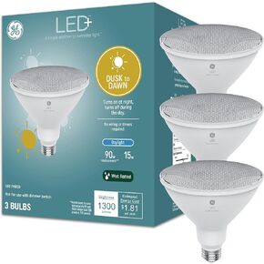 GE LED+ Dusk to Dawn LED Light Bulbs, 15 Watts, Automatic On/Off PAR38 Outdoor Floodlight, Daylight (3 Pack)