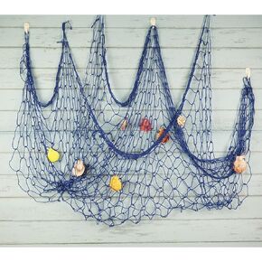Mediterranean Fishing Net Decoration, Fish Netting with Seashell Decor, Nautical Party Decorations, Blue