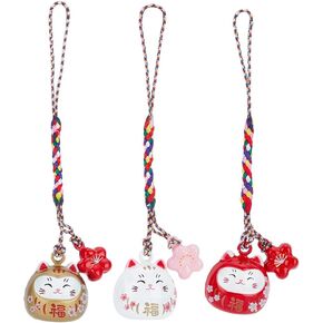 3 Colors Lucky Cat Hanging Ornament Phone Charm Cherry Blossom Bell Charms Cute Maneki Neko Cat Japanese Omamori Chinese Feng Shui Fortune Beckoning Cat for Keychain Handbag Backpack