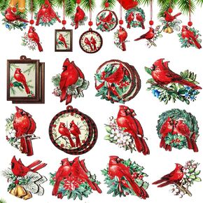 Soaoo 24 Pcs Christmas Cardinal Ornaments Wooden Cardinals for Christmas Tree Red Cardinals Birds Hanging Decor Xmas Wooden Cardinal Tree Decor for Holiday Christmas Memorial Gifts and DIY Crafts