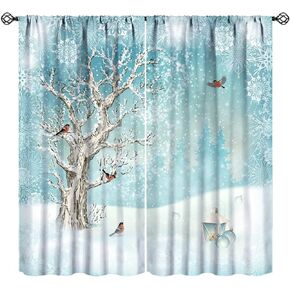 Winter Christmas Curtains, Cute Snowman Winter Snowflake Scene Tree Branch Covered Snow Treatment Fabric Bathroom Curtains,Living Room Bedroom Window Drapes 42x45in