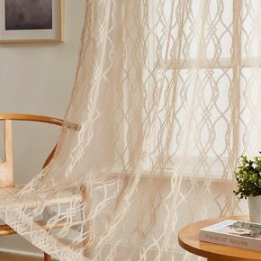 Warm Home Designs Modern Curtains for Living Room or Bedroom. Sheer Linen Gold Curtains 96 Inches Long Feature Moroccan Geo Design. Geometric Curtains, Gold Lace Curtains for Gold Decor. GI Linen 96