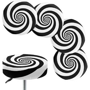 Bar Stool Chair Cover, Black & White Trippy Spiral Print Super Comfy & Washable Round Stool Bench Cushion Slipcover (Small, 4 Pieces)