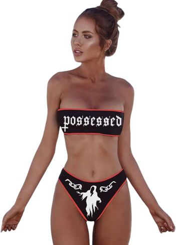 ZGMYC Women's Letter Skull Print Goth Swimsuit 2 Piece Sexy Strapless Bandeau Bikini High Waist Bathing Suit Festival Outfit in Kuwait