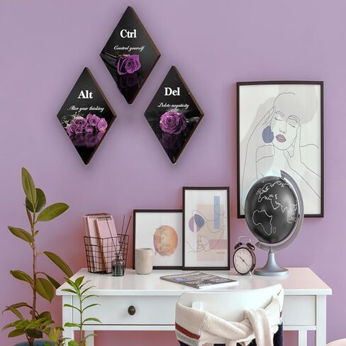3 قطع ديكور حمام أرجواني ديكور حائط أرجواني مع وردة أرجوانية واقتباسات ملهمة Ctrl Alt Del مزرعة خشبية أرجوانية جدار فني لفتاة النساء مكتب غرفة المعيشة غرفة النوم (وردة أرجوانية 12 × 7 بوصة) in Kuwait
