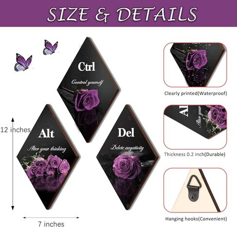 3 قطع ديكور حمام أرجواني ديكور حائط أرجواني مع وردة أرجوانية واقتباسات ملهمة Ctrl Alt Del مزرعة خشبية أرجوانية جدار فني لفتاة النساء مكتب غرفة المعيشة غرفة النوم (وردة أرجوانية 12 × 7 بوصة) in Kuwait
