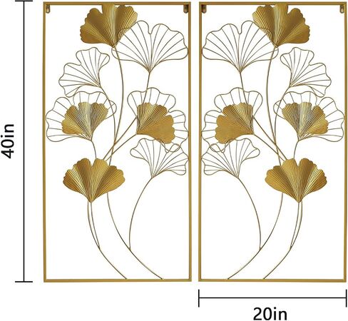 POLUNCA Gold Metal Wall Decor, Golden Leaf Wall Hanging Decor with Frame, Wall Ornaments,Set of 2（40" H x 20" W） in Saudi Arabia