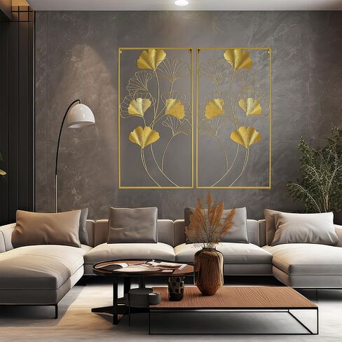 POLUNCA Gold Metal Wall Decor, Golden Leaf Wall Hanging Decor with Frame, Wall Ornaments,Set of 2（40" H x 20" W） in Saudi Arabia
