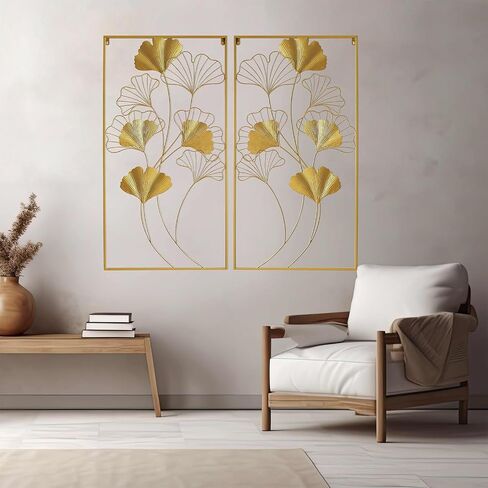 POLUNCA Gold Metal Wall Decor, Golden Leaf Wall Hanging Decor with Frame, Wall Ornaments,Set of 2（40" H x 20" W） in Saudi Arabia