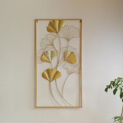 POLUNCA Gold Metal Wall Decor, Golden Leaf Wall Hanging Decor with Frame, Wall Ornaments,Set of 2（40" H x 20" W） in Saudi Arabia