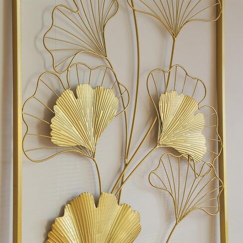 POLUNCA Gold Metal Wall Decor, Golden Leaf Wall Hanging Decor with Frame, Wall Ornaments,Set of 2（40" H x 20" W） in Saudi Arabia