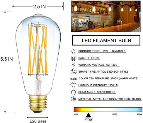Leools Vintage LED Edison Bulb Dimmable 15W,Equivalent 120W, Antique Style ST64 LED Filament Bulbs,1300 Lumen,2700K Soft Warm White, E26 Base,4 Pack. in Saudi Arabia