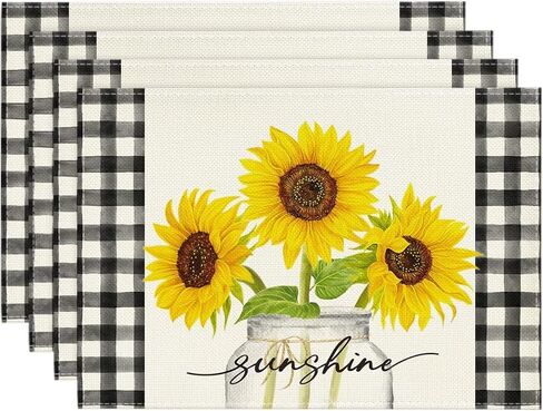 Artoid Mode Buffalo Plaid Sunflower Sunshine Vase مجموعة من 4 مفارش طاولة زنبركية مقاس 12 × 18 بوصة لتزيين حفلات المطبخ وتناول الطعام in Saudi Arabia