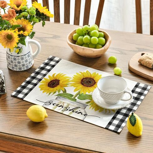 Artoid Mode Buffalo Plaid Sunflower Sunshine Vase مجموعة من 4 مفارش طاولة زنبركية مقاس 12 × 18 بوصة لتزيين حفلات المطبخ وتناول الطعام in Saudi Arabia