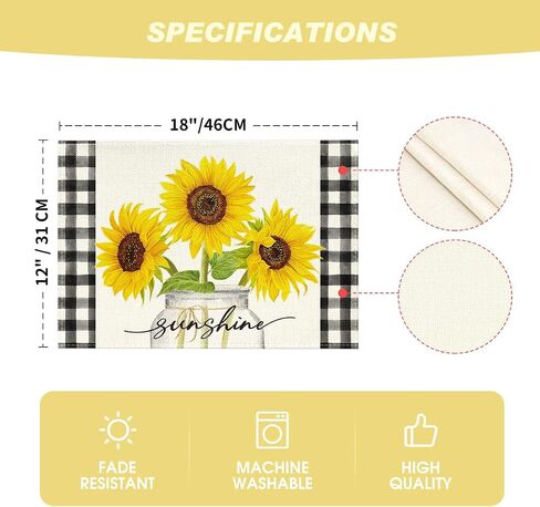 Artoid Mode Buffalo Plaid Sunflower Sunshine Vase مجموعة من 4 مفارش طاولة زنبركية مقاس 12 × 18 بوصة لتزيين حفلات المطبخ وتناول الطعام in Saudi Arabia
