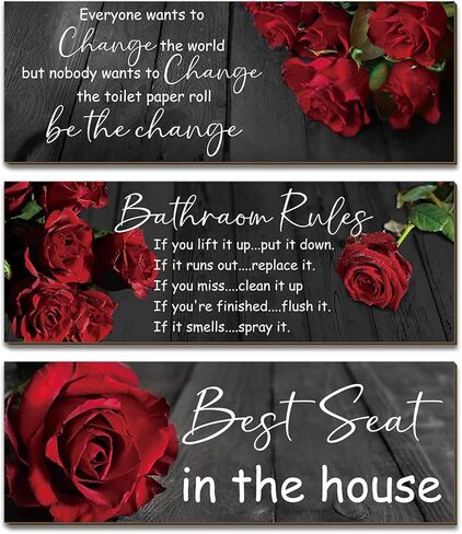 3 Pieces Everyone Wants to Change the World Bathroom Signs Funny Bathroom Wall Art Be The Change Bathroom Rules Wall Pediments Red Rose Floral Wooden Hanging Decor in Saudi Arabia