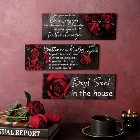 3 Pieces Everyone Wants to Change the World Bathroom Signs Funny Bathroom Wall Art Be The Change Bathroom Rules Wall Pediments Red Rose Floral Wooden Hanging Decor in Saudi Arabia