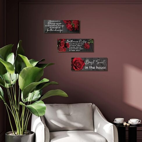 3 Pieces Everyone Wants to Change the World Bathroom Signs Funny Bathroom Wall Art Be The Change Bathroom Rules Wall Pediments Red Rose Floral Wooden Hanging Decor in Saudi Arabia