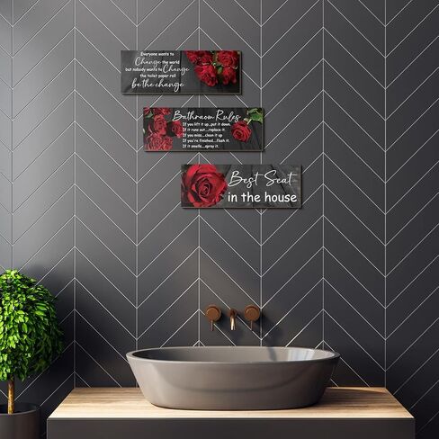 3 Pieces Everyone Wants to Change the World Bathroom Signs Funny Bathroom Wall Art Be The Change Bathroom Rules Wall Pediments Red Rose Floral Wooden Hanging Decor in Saudi Arabia