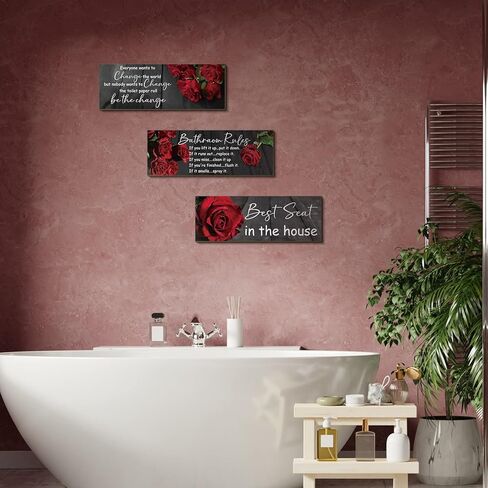 3 Pieces Everyone Wants to Change the World Bathroom Signs Funny Bathroom Wall Art Be The Change Bathroom Rules Wall Pediments Red Rose Floral Wooden Hanging Decor in Saudi Arabia