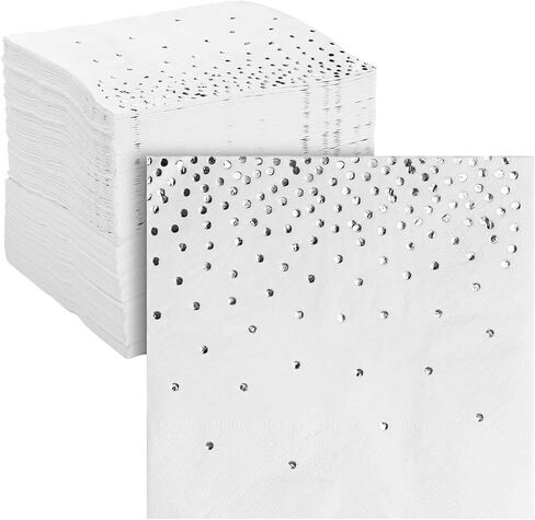 100-Pack Confetti Foil Silver Cocktail Napkins, 3-Ply Disposable Polka Dot Beverage Napkins for Wedding Reception, Bridal Shower, Birthday Party Supplies (5x5 In) in Saudi Arabia