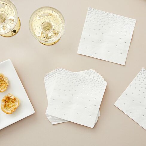 100-Pack Confetti Foil Silver Cocktail Napkins, 3-Ply Disposable Polka Dot Beverage Napkins for Wedding Reception, Bridal Shower, Birthday Party Supplies (5x5 In) in Saudi Arabia