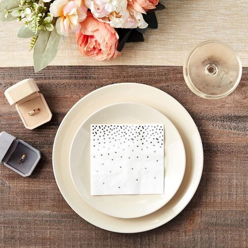 100-Pack Confetti Foil Silver Cocktail Napkins, 3-Ply Disposable Polka Dot Beverage Napkins for Wedding Reception, Bridal Shower, Birthday Party Supplies (5x5 In) in Saudi Arabia