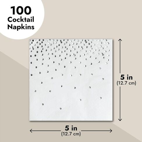 100-Pack Confetti Foil Silver Cocktail Napkins, 3-Ply Disposable Polka Dot Beverage Napkins for Wedding Reception, Bridal Shower, Birthday Party Supplies (5x5 In) in Saudi Arabia
