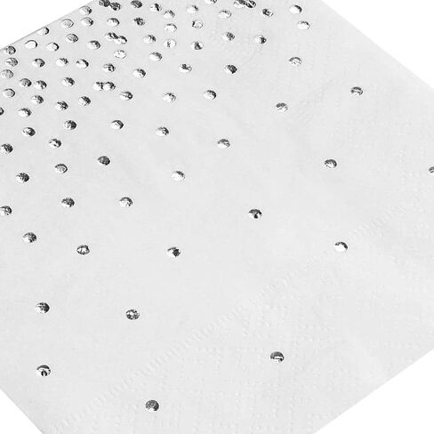 100-Pack Confetti Foil Silver Cocktail Napkins, 3-Ply Disposable Polka Dot Beverage Napkins for Wedding Reception, Bridal Shower, Birthday Party Supplies (5x5 In) in Saudi Arabia