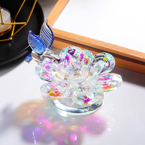 YWHL Colorful Crystal Flower with Blue Hummingbird Figurine, Handmade Hummingbird Gifts for Women on Birthday Valentines Christmas, Glass Flower Hummingbird Figurine Wedding Home Party Decorations in Kuwait
