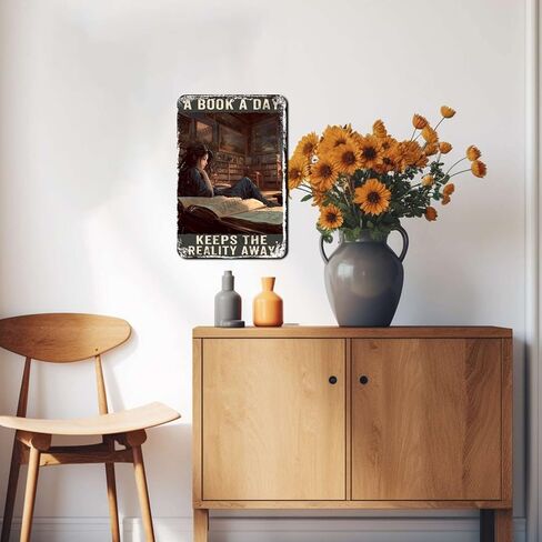 Metal Hanging Sign A Book A Day Keeps The Reality Away Tin Signs Retro Funny Vintage Decor for Family Bar Restaurant Cafe Wall Decoration Bathroom 8x12inch in Saudi Arabia
