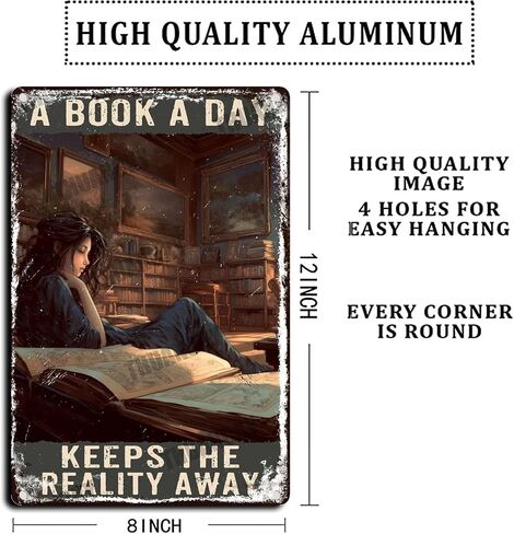 Metal Hanging Sign A Book A Day Keeps The Reality Away Tin Signs Retro Funny Vintage Decor for Family Bar Restaurant Cafe Wall Decoration Bathroom 8x12inch in Saudi Arabia