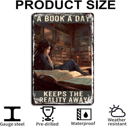Metal Hanging Sign A Book A Day Keeps The Reality Away Tin Signs Retro Funny Vintage Decor for Family Bar Restaurant Cafe Wall Decoration Bathroom 8x12inch in Saudi Arabia