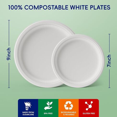 JOLLY CHEF Compostable Heavy Duty Plates 7 inch and 9 inch [120 Pack] Eco-Friendly Disposable Paper Plates Bagasse Biodegradable Sugarcane Fibers Round Plates Bulk for Party Dinner(White) in Saudi Arabia