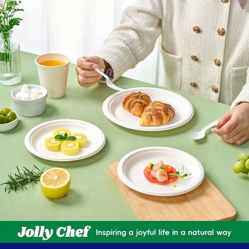 JOLLY CHEF Compostable Heavy Duty Plates 7 inch and 9 inch [120 Pack] Eco-Friendly Disposable Paper Plates Bagasse Biodegradable Sugarcane Fibers Round Plates Bulk for Party Dinner(White) in Saudi Arabia