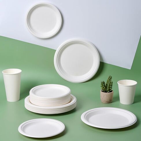 JOLLY CHEF Compostable Heavy Duty Plates 7 inch and 9 inch [120 Pack] Eco-Friendly Disposable Paper Plates Bagasse Biodegradable Sugarcane Fibers Round Plates Bulk for Party Dinner(White) in Saudi Arabia