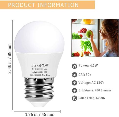 LED Refrigerator Light Bulb 40 Watt Equivalent 120V 4.5W Fridge Bulbs Daylight White 5000K E26 Medium Base, Energy Saving A15 Freezer Light Bulb, Not-dimmable, Waterproof, 2 Pack in Saudi Arabia