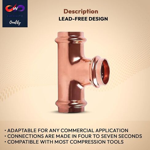 ProPress Fitting Copper Press Tee - 3/4" Zero Lead Pro Press Copper Plumbing Pipe Fitting Connection Tool for Commercial and Residential Use - Pack of 10 in Saudi Arabia